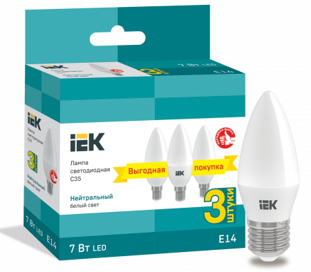 Лампа светодиодная C35 свеча 7Вт 230В 4000К E14 (3шт/упак) IEK – №1